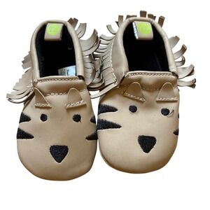 First Steps Tiger Moccasins Baby Tan Good Fringe Animal Shoes SIZE 2 (3-6m)